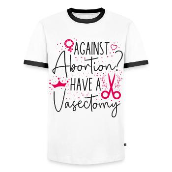 Feminist Against Abortion? Have A - Men's Ringer Shirt - white/black - Front - AI Model Female 172 light (172cm) & AI Model Male 178 dark (178cm)