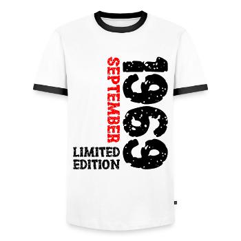 1969 September Limited Edition 54th Birthday Deco - Men's Ringer Shirt - white/black - Front - AI Model Female 172 light (172cm) & AI Model Male 178 dark (178cm)