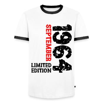 1964 September Limited Edition 59th Birthday Deco - Men's Ringer Shirt - white/black - Front - AI Model Female 172 light (172cm) & AI Model Male 178 dark (178cm)