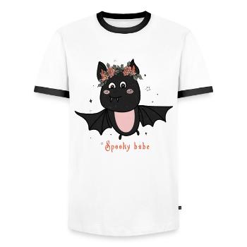 Retro Halloween Design: Spooky Babe Bat - Men's Ringer Shirt - white/black - Front - AI Model Female 172 light (172cm) & AI Model Male 178 dark (178cm)