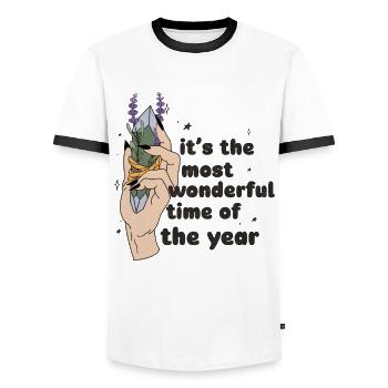 Main rétro d’Halloween avec sorcières en cristal et fleurs - T-shirt contrasté Homme - blanc/noir - Devant - AI Model Female 172 light (172cm) & AI Model Male 178 dark (178cm)