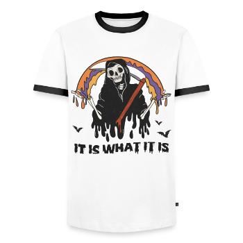 Retro Halloween: Grim Reaper "It Is What It Is" - Men's Ringer Shirt - white/black - Front - AI Model Female 172 light (172cm) & AI Model Male 178 dark (178cm)