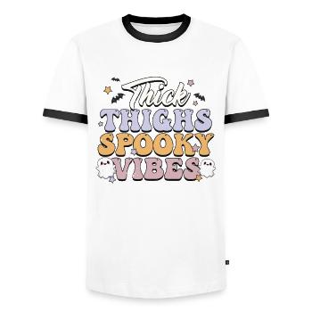 Creepy & Stylish: Retro Halloween Vibes Ghosts - Men's Ringer Shirt - white/black - Front - AI Model Female 172 light (172cm) & AI Model Male 178 dark (178cm)