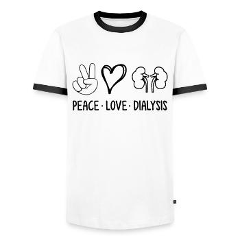 Peace Love Dialysis Hemodialysis kidney Dialysis - Men's Ringer Shirt - white/black - Front - AI Model Female 172 light (172cm) & AI Model Male 178 dark (178cm)