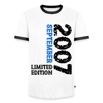 2007 September Limited Edition 16th Birthday Decoration - Men's Ringer Shirt - white/black - Front - AI Model Female 172 light (172cm) & AI Model Male 178 dark (178cm)