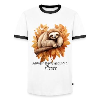Autumn Sloth: Relaxation Sleep Shirt - Men's Ringer Shirt - white/black - Front - AI Model Female 172 light (172cm) & AI Model Male 178 dark (178cm)