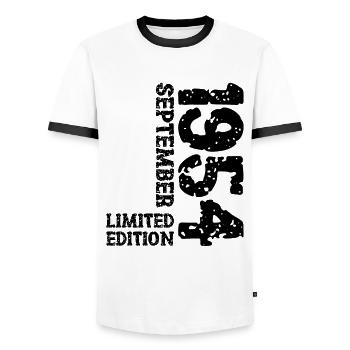 1954 September Limited Edition 69th Birthday Deco - Men's Ringer Shirt - white/black - Front - AI Model Female 172 light (172cm) & AI Model Male 178 dark (178cm)