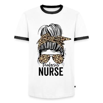 Funny Dialysis Nurse Nephrology Messy Bun - Men's Ringer Shirt - white/black - Front - AI Model Female 172 light (172cm) & AI Model Male 178 dark (178cm)