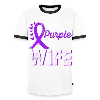 Wear purple to support the - Men's Ringer Shirt - white/black - Front - AI Model Female 172 light (172cm) & AI Model Male 178 dark (178cm)
