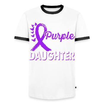 Portez du violet pour le Mois de la sensibilisation - T-shirt contrasté Homme - blanc/noir - Devant - AI Model Female 172 light (172cm) & AI Model Male 178 dark (178cm)