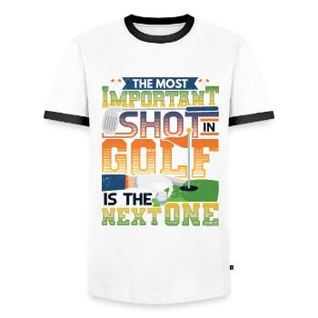 The most important shot in golf is the next - Men's Ringer Shirt - white/black - Front - AI Model Female 172 light (172cm) & AI Model Male 178 dark (178cm)