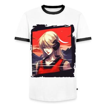 Japanische rote Sonne: Ein blondes Mädchen - Männer Kontrast-T-Shirt - Weiß/Schwarz - Vorne - AI Model Female 172 light (172cm) & AI Model Male 178 dark (178cm)