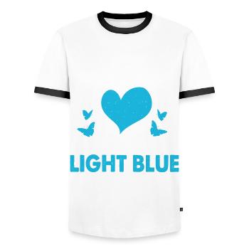 In April we wear a light blue - Men's Ringer Shirt - white/black - Front - AI Model Female 172 light (172cm) & AI Model Male 178 dark (178cm)