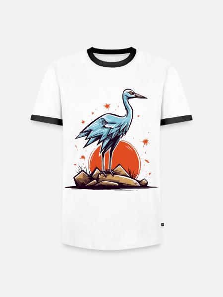 Graureiher oder Storch Vogel und eine rote Sonne - Männer Kontrast-T-Shirt - Weiß/Schwarz