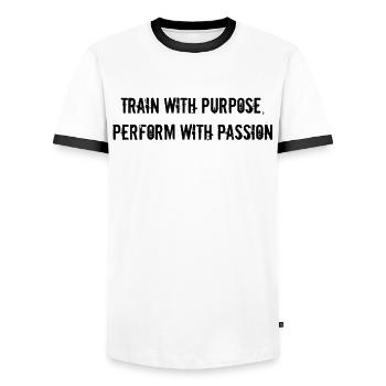 Fitness - Train with purpose, perform with - Männer Kontrast-T-Shirt - Weiß/Schwarz - Vorne - AI Model Female 172 light (172cm) & AI Model Male 178 dark (178cm)