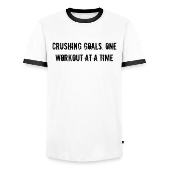Fitness - Crushing goals, one workout at a time - Men's Ringer Shirt - white/black - Front - AI Model Female 172 light (172cm) & AI Model Male 178 dark (178cm)