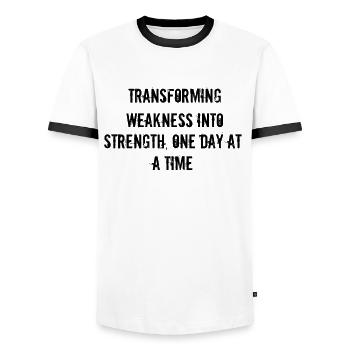Fitness - Transforming weakness into strength, - Men's Ringer Shirt - white/black - Front - AI Model Female 172 light (172cm) & AI Model Male 178 dark (178cm)