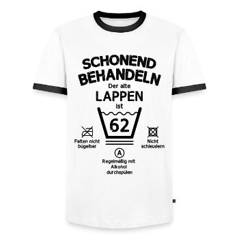 Der Alte Lappen, Schonend Behandeln 62. Geburtstag - Männer Kontrast-T-Shirt - Weiß/Schwarz - Vorne - AI Model Female 172 light (172cm) & AI Model Male 178 dark (178cm)