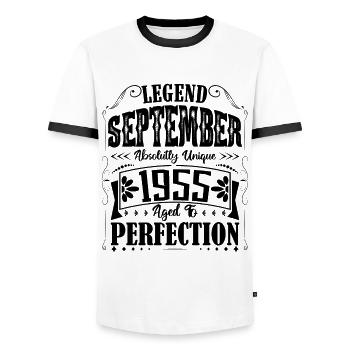 September 1955. September Birthday Gift. - Men's Ringer Shirt - white/black - Front - AI Model Female 172 light (172cm) & AI Model Male 178 dark (178cm)