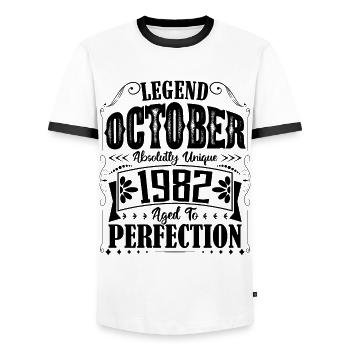 Octobre 1982. Cadeau d'Anniversaire octobre 1982. - T-shirt contrasté Homme - blanc/noir - Devant - AI Model Female 172 light (172cm) & AI Model Male 178 dark (178cm)