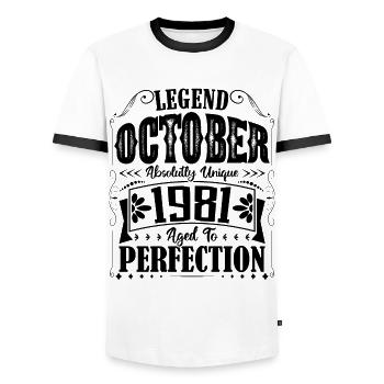 Octobre 1981. Cadeau d'Anniversaire octobre 1981. - T-shirt contrasté Homme - blanc/noir - Devant - AI Model Female 172 light (172cm) & AI Model Male 178 dark (178cm)