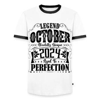 Octobre 2024. Cadeau d'Anniversaire octobre 2024. - T-shirt contrasté Homme - blanc/noir - Devant - AI Model Female 172 light (172cm) & AI Model Male 178 dark (178cm)