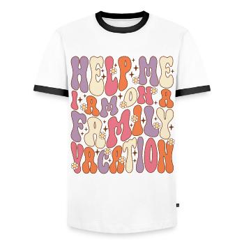 Au secours, je suis en vacances en famille - T-shirt contrasté Homme - blanc/noir - Devant - AI Model Female 172 light (172cm) & AI Model Male 178 dark (178cm)
