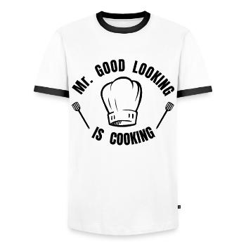 Mr. good looking is cooking - Koch kochen Küche - Men's Ringer Shirt - white/black - Front - AI Model Female 172 light (172cm) & AI Model Male 178 dark (178cm)