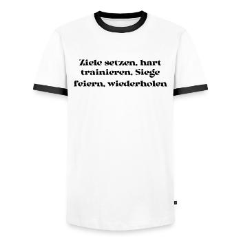 Fitness - Ziele setzen, hart trainieren, Siege - Männer Kontrast-T-Shirt - Weiß/Schwarz - Vorne - AI Model Female 172 light (172cm) & AI Model Male 178 dark (178cm)