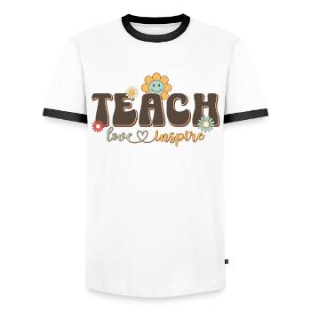 Teach Love Inspire - Back To School For Teachers - Men's Ringer Shirt - white/black - Front - AI Model Female 172 light (172cm) & AI Model Male 178 dark (178cm)