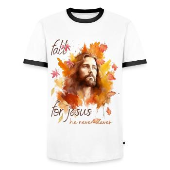Fall Jesus He Never Leaves: Christian Autumn Vibes - Männer Kontrast-T-Shirt - Weiß/Schwarz - Vorne - AI Model Female 172 light (172cm) & AI Model Male 178 dark (178cm)