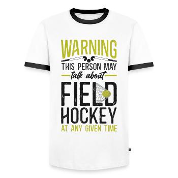 Field Hockey Warning This Person - Men's Ringer Shirt - white/black - Front - AI Model Female 172 light (172cm) & AI Model Male 178 dark (178cm)