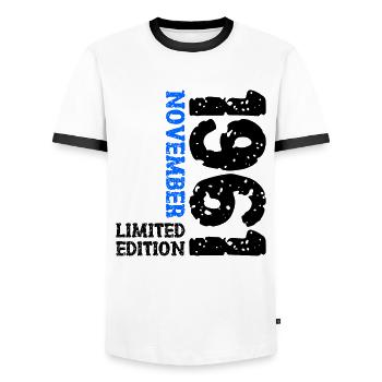 1961 November Limited Edition 62nd Birthday Decoration - Men's Ringer Shirt - white/black - Front - AI Model Female 172 light (172cm) & AI Model Male 178 dark (178cm)