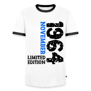 1964 November Limited Edition 59th Birthday Decoration - Men's Ringer Shirt - white/black - Front - AI Model Female 172 light (172cm) & AI Model Male 178 dark (178cm)