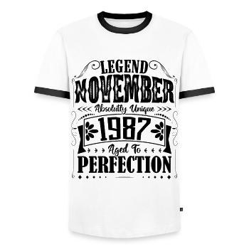 Novembre 1987. Cadeau d'Anniversaire novembre 1987 - T-shirt contrasté Homme - blanc/noir - Devant - AI Model Female 172 light (172cm) & AI Model Male 178 dark (178cm)