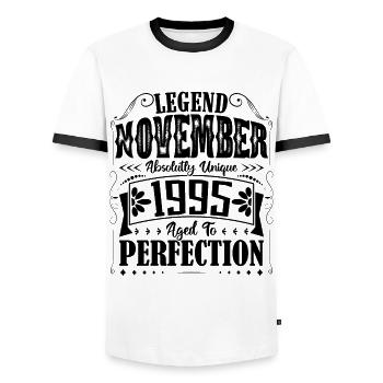 November 1995. November 1995 Birthday Gift - Men's Ringer Shirt - white/black - Front - AI Model Female 172 light (172cm) & AI Model Male 178 dark (178cm)