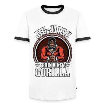 Jiu-Jitsu train like a Gorilla - Men's Ringer Shirt - white/black - Front - AI Model Female 172 light (172cm) & AI Model Male 178 dark (178cm)
