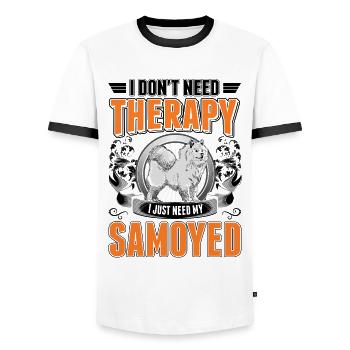 Samoyède Thérapie Chien de traîneau Samoyède - T-shirt contrasté Homme - blanc/noir - Devant - AI Model Female 172 light (172cm) & AI Model Male 178 dark (178cm)