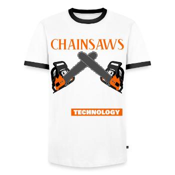 Chainsaw Joke Chain Saw - Men's Ringer Shirt - white/black - Front - AI Model Female 172 light (172cm) & AI Model Male 178 dark (178cm)