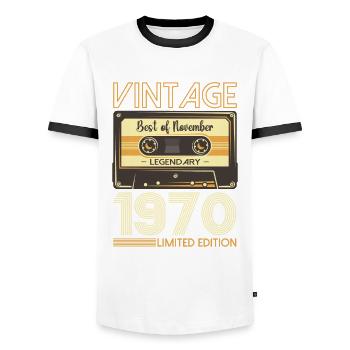 53rd Birthday Cassette November Vintage 1970's - Men's Ringer Shirt - white/black - Front - AI Model Female 172 light (172cm) & AI Model Male 178 dark (178cm)