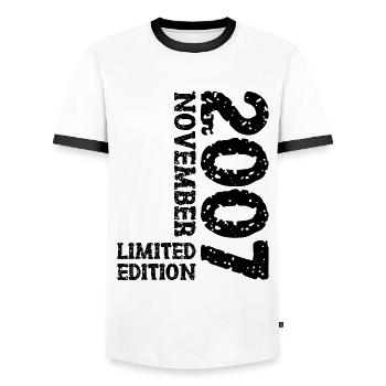 2007 November Limited Edition 16th Birthday Decoration - Men's Ringer Shirt - white/black - Front - AI Model Female 172 light (172cm) & AI Model Male 178 dark (178cm)