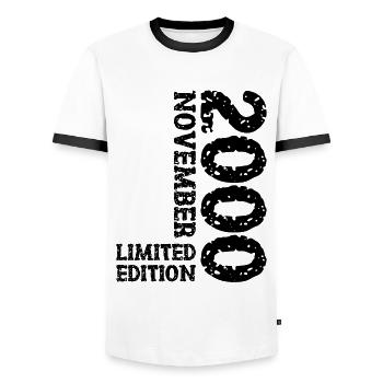 2000 November Limited Edition 23rd Birthday Decoration - Men's Ringer Shirt - white/black - Front - AI Model Female 172 light (172cm) & AI Model Male 178 dark (178cm)