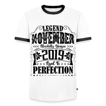 November 2019. Birthday Gift November 2019 - Men's Ringer Shirt - white/black - Front - AI Model Female 172 light (172cm) & AI Model Male 178 dark (178cm)