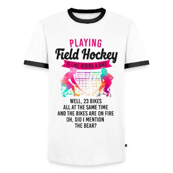 Field Hockey Playing Field Hockey - Männer Kontrast-T-Shirt - Weiß/Schwarz - Vorne - AI Model Female 172 light (172cm) & AI Model Male 178 dark (178cm)