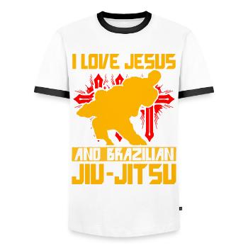I love Jesus and Brazilian Jiu-Jitsu - Männer Kontrast-T-Shirt - Weiß/Schwarz - Vorne - AI Model Female 172 light (172cm) & AI Model Male 178 dark (178cm)