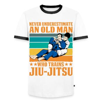 Ne sous-estimez jamais un vieil homme qui s’entraîne au JiuJitsu - T-shirt contrasté Homme - blanc/noir - Devant - AI Model Female 172 light (172cm) & AI Model Male 178 dark (178cm)