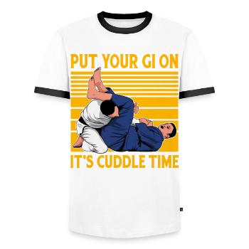 Brazilian Jiu-Jitsu put your Gi on cuddle time - Men's Ringer Shirt - white/black - Front - AI Model Female 172 light (172cm) & AI Model Male 178 dark (178cm)