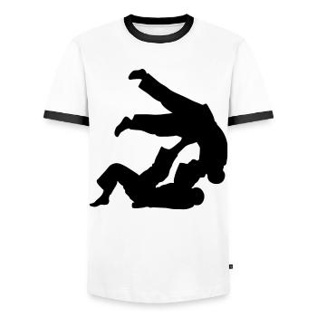 Brazilian Jiu-Jitsu BJJ - Men's Ringer Shirt - white/black - Front - AI Model Female 172 light (172cm) & AI Model Male 178 dark (178cm)