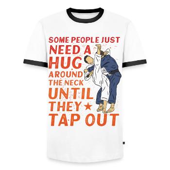 Brazilian Jiu-Jitsu BJJ - Men's Ringer Shirt - white/black - Front - AI Model Female 172 light (172cm) & AI Model Male 178 dark (178cm)
