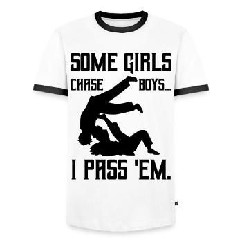 Jiu-jitsu Certaines filles chassent les garçons que je leur passe - T-shirt contrasté Homme - blanc/noir - Devant - AI Model Female 172 light (172cm) & AI Model Male 178 dark (178cm)